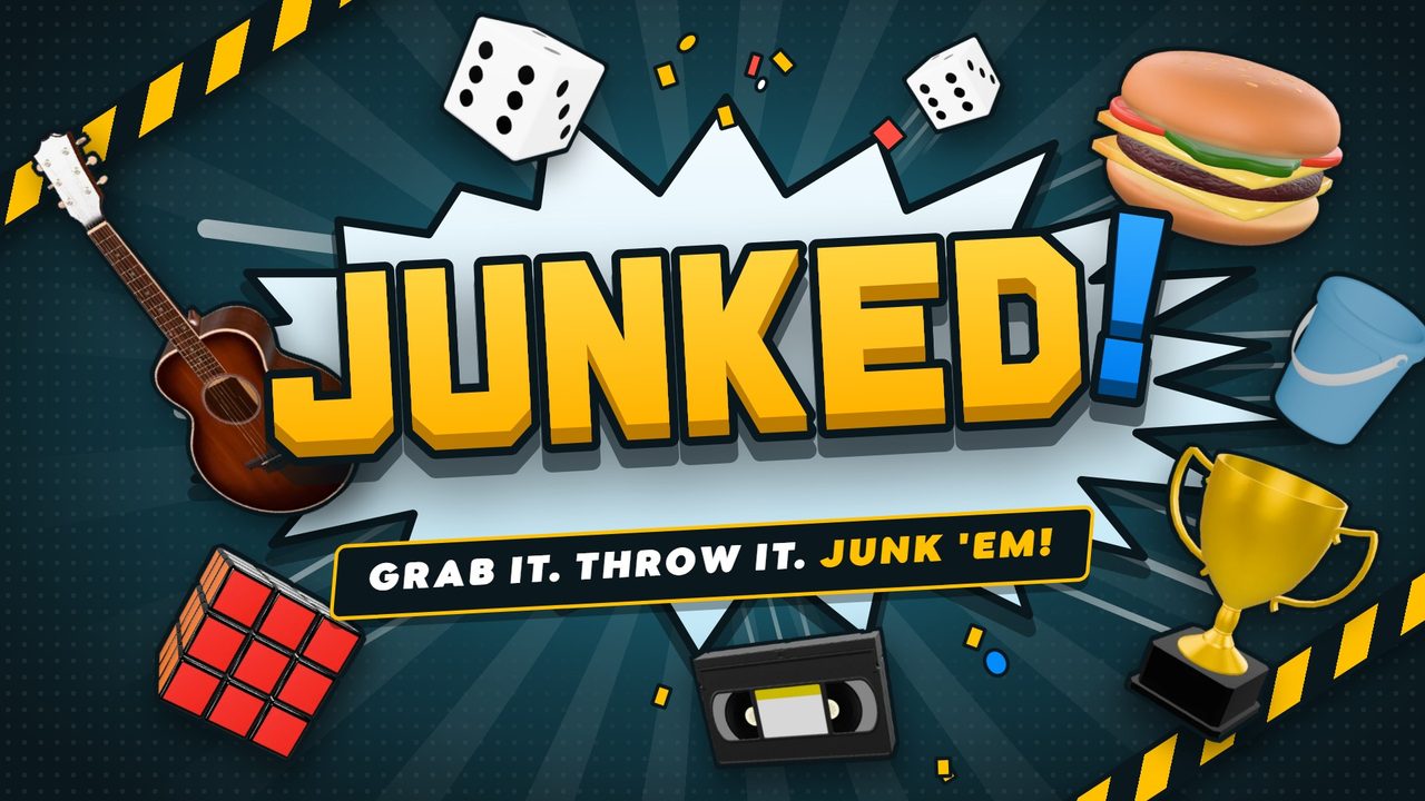 Junked! key art: the logo surrounded by a guitar, dice, a burger and a trophy