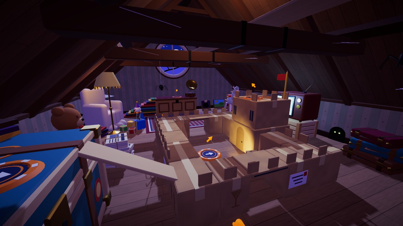 The Attic map at night: a cardboard castle, an old trunk and the round moon window